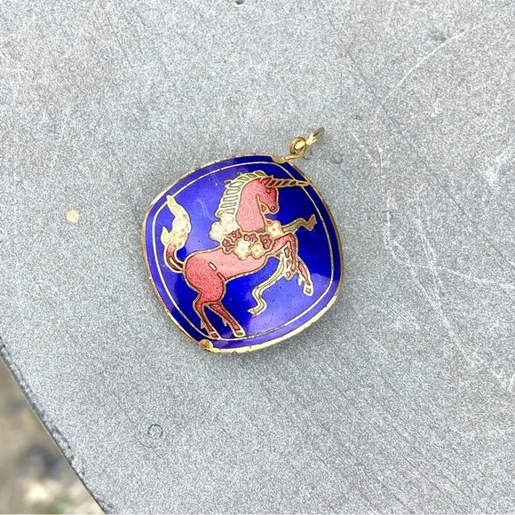 VINTAGE Enamel Unicorn Renaissance Pendant Lucky Charm Cloisonné Colorful - Picture 4 of 5
